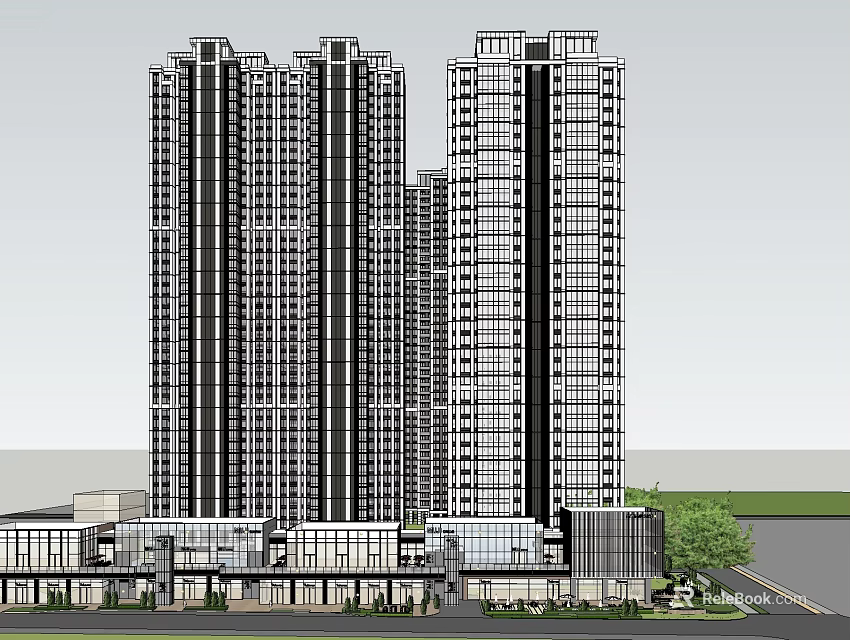 Modern High Rise Residential Buildings With Commercial Podium And Greenery 3d model 