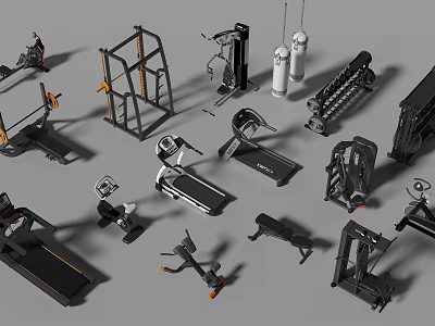 Different Types Of Fitness Equipment Including Treadmills Dumbbells And Exercise Machines 3d model