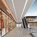 Spacious Shopping Mall Atrium Featuring Modern Design Escalators Storefronts Pedestrians and Bright Lighting