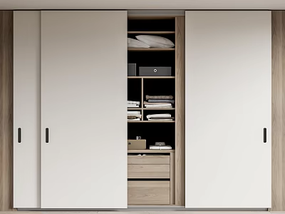 Modern Wardrobe With Sliding Doors And Organized Interior Storage Shelves Drawers And Folded Clothes 3d model