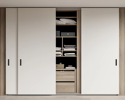 Modern Wardrobe With Sliding Doors And Organized Interior Storage Shelves Drawers And Folded Clothes 3d model