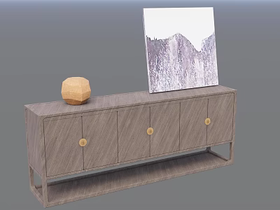Modern Wooden Sideboard With Gold Round Handles Spherical Decor And Abstract Mountain Painting 3d model