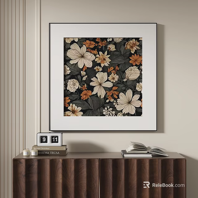 Floral Plant Painting Decorates Neutral Interior Wall Above Wooden Cabinet 3d model 