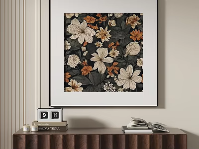 Floral Plant Painting Decorates Neutral Interior Wall Above Wooden Cabinet 3d model