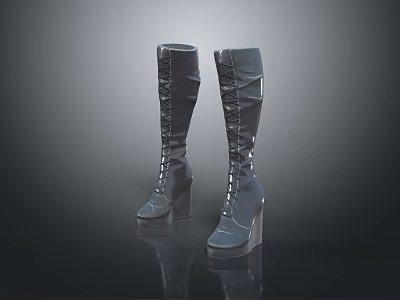 Stylish Black Knee High Boots With Lace Up Design And Platform High Heels 3d model