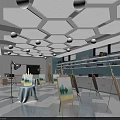 School Art Classroom With Easels Paintings Shelves Windows And Ceiling Lights