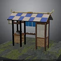 Traditional Wooden Pavilion Structure With Blue White Checkered Roof And Display Counter