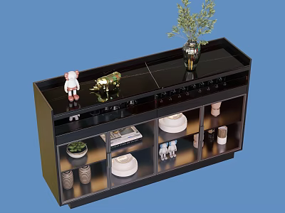 Black Cabinet with Glass Doors Featuring Decorative Items Plates and Green Plant on Top 3d model