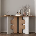 Modern Console Table with Wooden and White Structure and Decorative Dried Flowers Books Candles