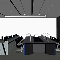 Modern Office Conference Room With Long Table Black Chairs Large Data Screen And Ceiling Lights 3d model