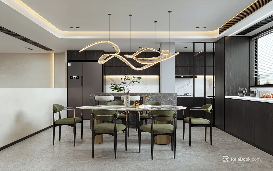 Modern Restaurant Interior With Round Dining Table Green Chairs And Curved Pendant Lights 3d model 
