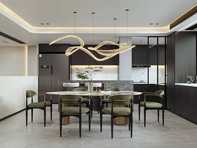 Modern Restaurant Interior With Round Dining Table Green Chairs And Curved Pendant Lights 3d model