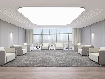 Modern Hotel Public Lounge Area With Comfortable Sofas Floor to Ceiling Windows And Grey Carpet 3d model