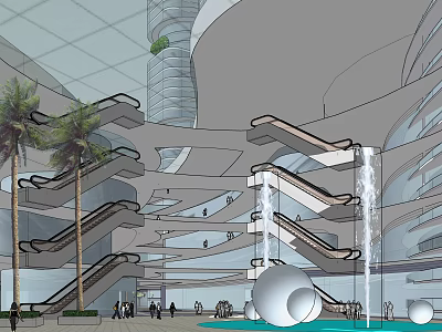 Modern Commercial Complex Interior With Multi Level Staircases Water Fountains And Palm Trees 3d model