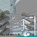 Modern Commercial Complex Interior With Multi Level Staircases Water Fountains And Palm Trees