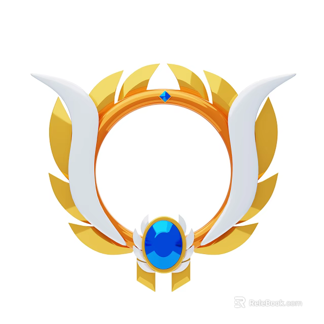 Golden Leaves And White Wings Decorative Ornament Set With Blue Gemstone Circular Ring 3d model 