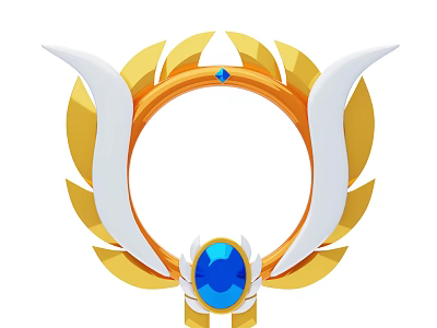 Golden Leaves And White Wings Decorative Ornament Set With Blue Gemstone Circular Ring 3d model