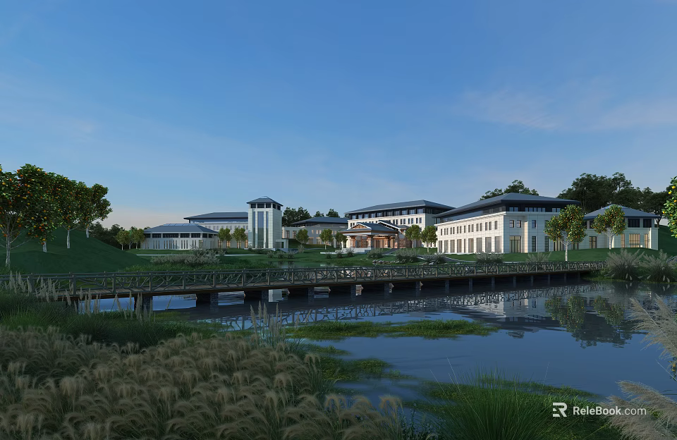 Modern Lakeside Hotel Building With Bridge Green Lawn Trees And Blue Sky White Clouds 3d model 