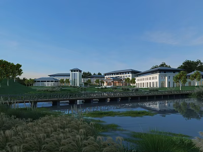 Modern Lakeside Hotel Building With Bridge Green Lawn Trees And Blue Sky White Clouds 3d model