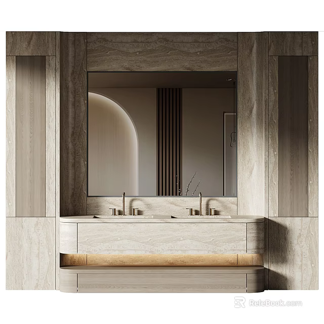 Modern Bathroom Vanity Design With Stone Countertop Double Sink And Large Mirror 3d model 