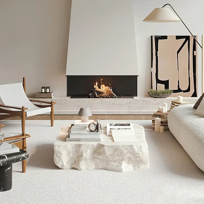 Cozy Modern Living Room Interior With Fireplace Wooden Chair And Stone Coffee Table 3d model
