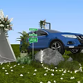 All New Third Generation Blue Nissan Qashqai On Green Grass With White Flowers