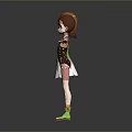 3D Model Girl With Brown Hair In Green And White Dress Arms Outstretched