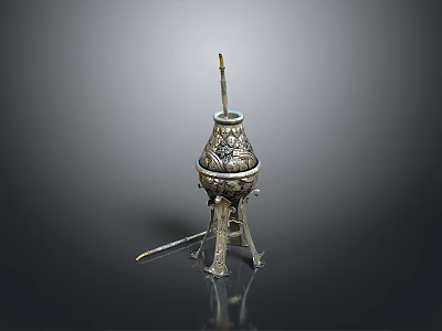 Silver Decorative Household Candle Holder with Intricate Patterns and Tripod Base 3d model