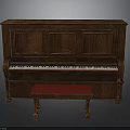 Vintage Brown Wooden Piano With Red Upholstered Stool For Home Living Space