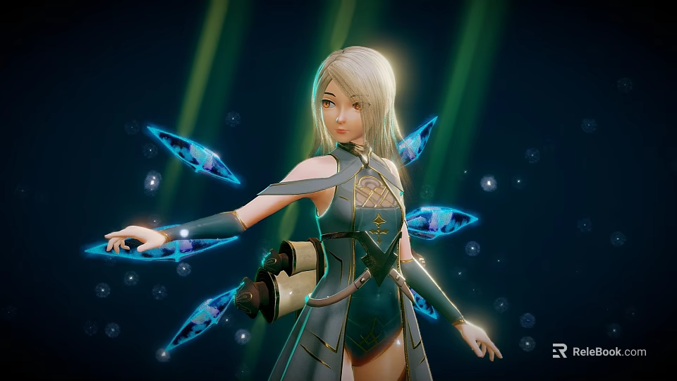 Fantasy Game Character In Teal Dress With Glowing Blades 3d model 