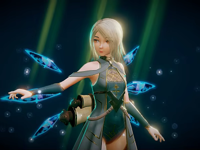 Fantasy Game Character In Teal Dress With Glowing Blades 3d model