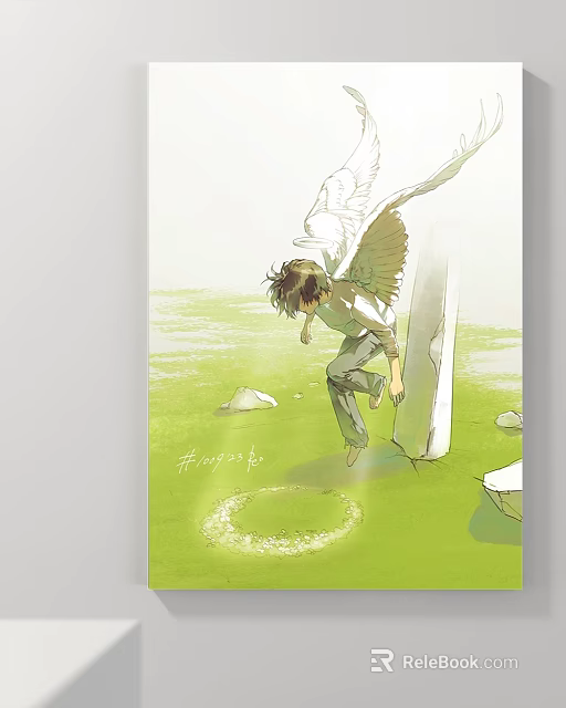 Abstract Painting Featuring Angelic Figure On Green Grass With Stone Pillar And Circular Halo 3d model 