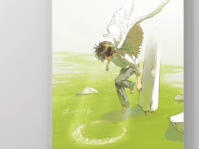 Abstract Painting Featuring Angelic Figure On Green Grass With Stone Pillar And Circular Halo 3d model