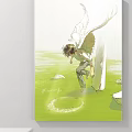 Abstract Painting Featuring Angelic Figure On Green Grass With Stone Pillar And Circular Halo