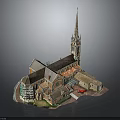 Church Building Model Featuring Tower Spire Brown Roof And Red Car Display Scene