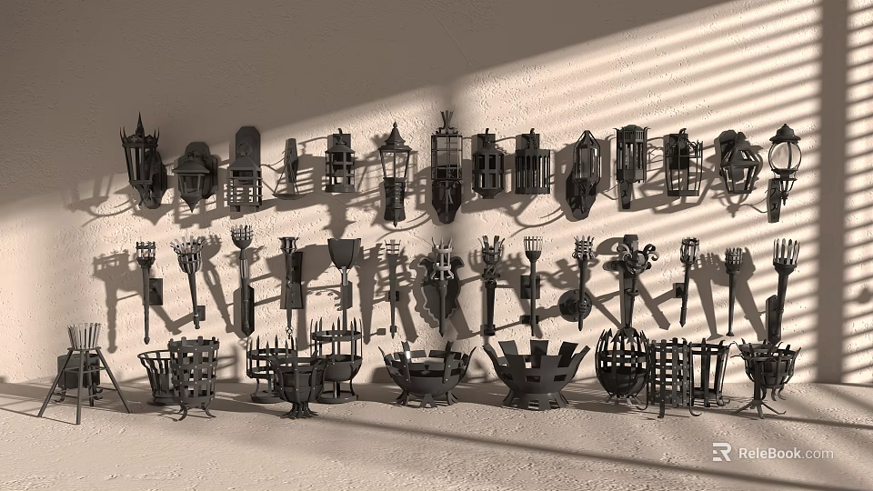 Black Metal Lighting Fixture Collection Showcased On Wall And Floor With Diverse Designs 3d model 