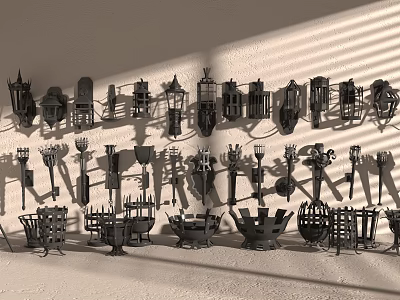 Black Metal Lighting Fixture Collection Showcased On Wall And Floor With Diverse Designs 3d model