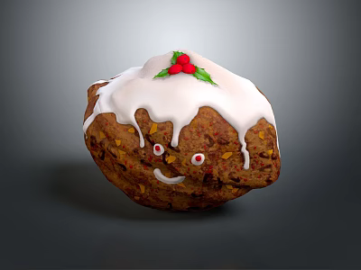 Festive Christmas Pudding With Smiling Face White Icing And Red Berries 3d model
