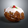 Festive Christmas Pudding With Smiling Face White Icing And Red Berries