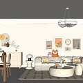 Light Toned Living Dining Room Interior With White Sofa Round Coffee Table And Decorative Paintings