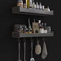 Stylish Kitchen Tableware Set On Gray Shelves With Bread Box Jars And Hanging Utensils 3d model