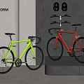 Neon Yellow and Red Road Bicycles with Wall Mounted Helmets and Bike Rack