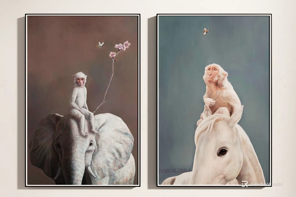 Whimsical Artwork Featuring Monkey on Elephant and Horse with Flower and Butterfly 3d model 