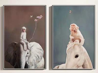 Whimsical Artwork Featuring Monkey on Elephant and Horse with Flower and Butterfly 3d model
