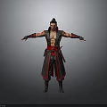 Man with tied hair shirtless torso in black robe with red accents standing arms outstretched