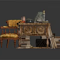 Vintage Wooden Writing Desk With Yellow Cushioned Chair And Candle Map Books