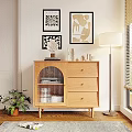 Elegant Wooden Sideboard With Drawers Decorative Items Floor Lamp And Wall Art