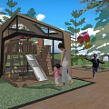 Outdoor Children's Play Area With Wooden Structure Slide And Platform For Kids