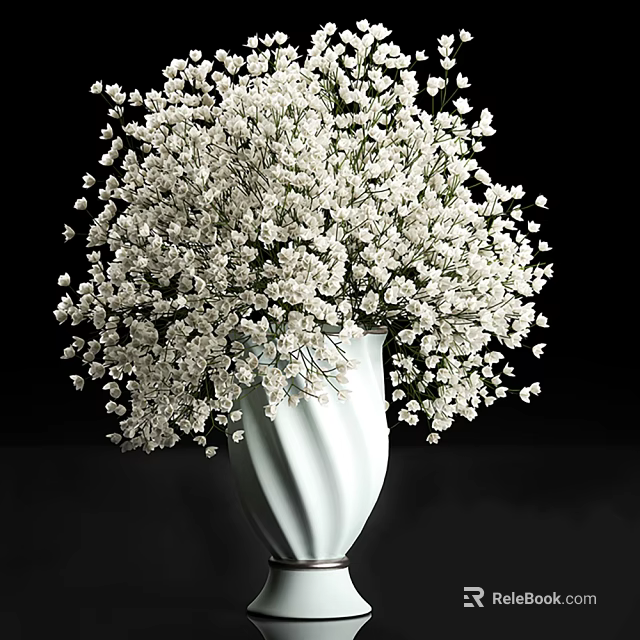 Elegant White Vase With Curved Design Holding Small White Flowers On Black Background 3d model 