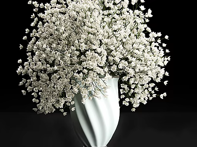 Elegant White Vase With Curved Design Holding Small White Flowers On Black Background 3d model